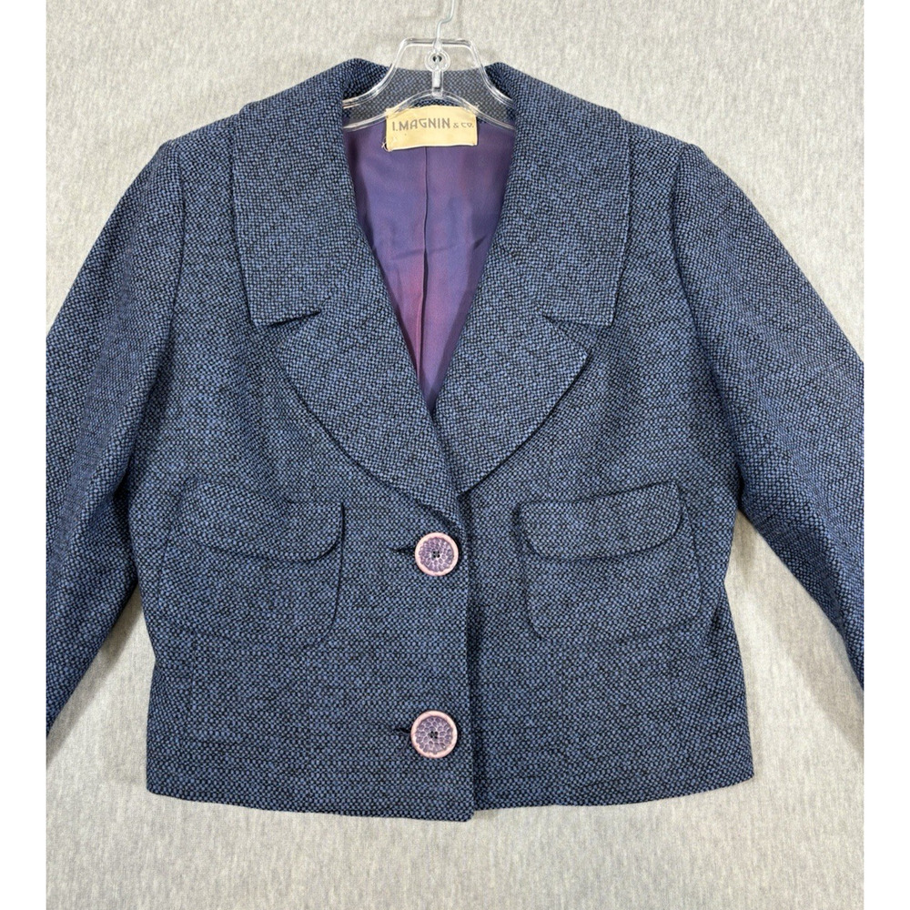 Vintage 1960s I.Magnin Blazer Size‎ S/M Blue Wool Woven Mod 3/4 Sleeve 2 Button